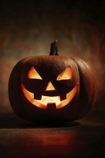 A spooky carved glowing pumpkin in a dark room, symbolising Halloween and autumnal mood, AI