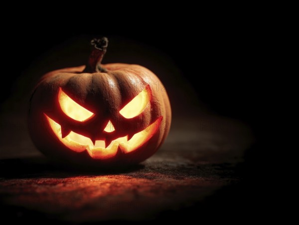 A spooky carved glowing pumpkin in a dark room, symbolising Halloween and autumnal mood, AI