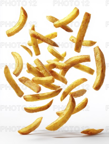Fried, greasy, French fries, French fries, fall on the background, crispy and appetising, symbolic