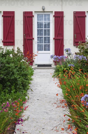 House façade with mullioned windows, entrance door and red shutters and flower beds, Ile de Brehat,