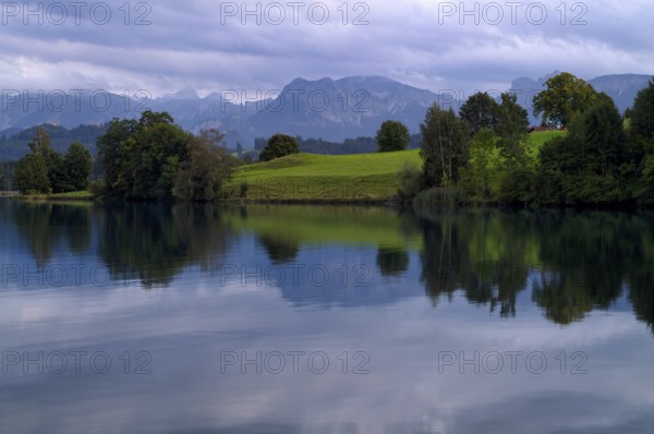 Swimming lake, Schwaltenweiher near Seeg, Allgäu Alps, Ostallgäu, Allgäu, Swabia, Bavaria, Germany