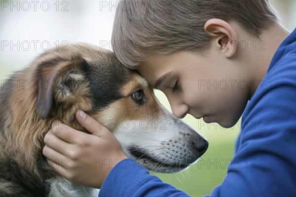 Side view of boy pressing forehead close to his pet dog's head. Moment of affection and sadness.