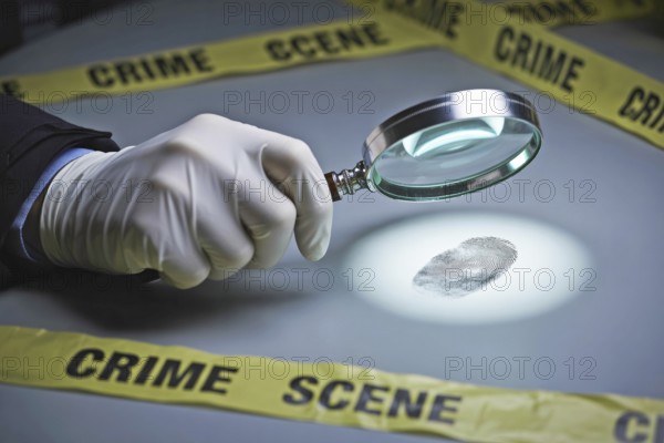 Forensic officer wearing glove examining fingerprint with magnifying glass. Symbolizes crime