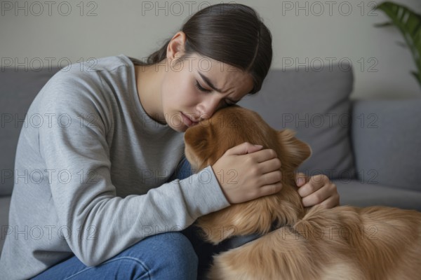 Worried young woman hugging her dog. Shows emotional support and the strong bond between woman and