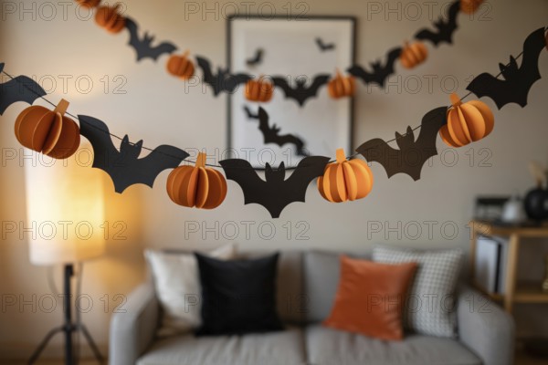 Black and orange Halloween garland with bats and pumpkins hanging in cozy living room. Generative