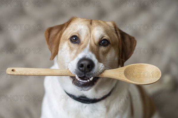 Dog holding a wooden cooking spoon in its mouth. Concept of preparing homemade dog food and cooking