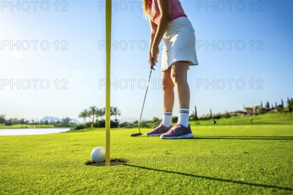 Female golfer putting a ball into the hole on a sunny day, enjoying leisure time on a stunning golf