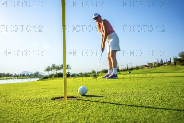 Woman golfer putting a ball on the green, aiming for the hole under a bright sun at a picturesque