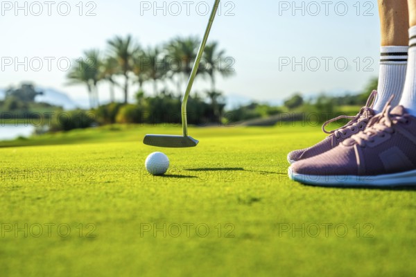Golfer is putting a golf ball on a green towards the hole on a sunny day with a lake and palm trees