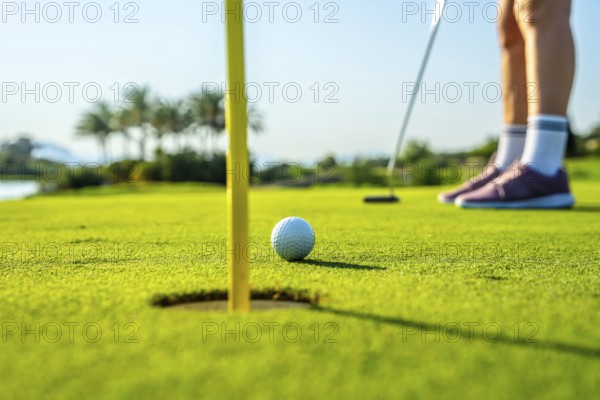 Golfer focusing on a crucial putt on a lush green course, with a ball near the hole. Palm trees and