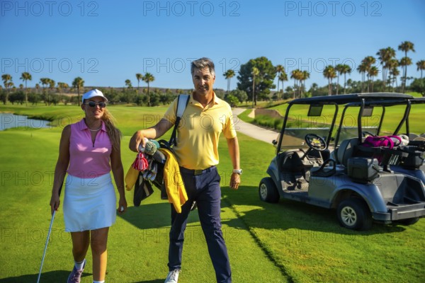 Golfers walking along a stunning golf course, enjoying the sunny day, with a golf cart parked