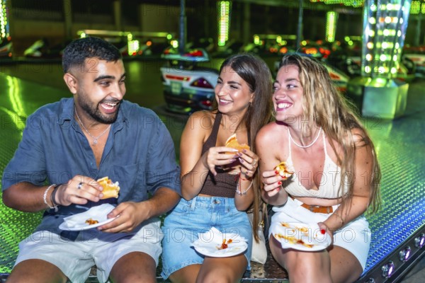 Happy friends enjoying burgers and pizza at amusement park, having fun together on a summer night