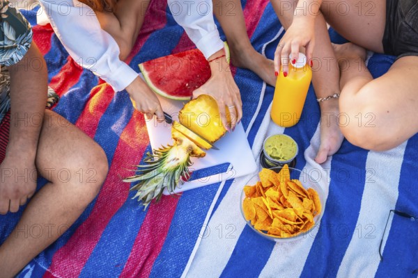 Friends are having a picnic on a striped towel, cutting pineapple, with watermelon, nachos,
