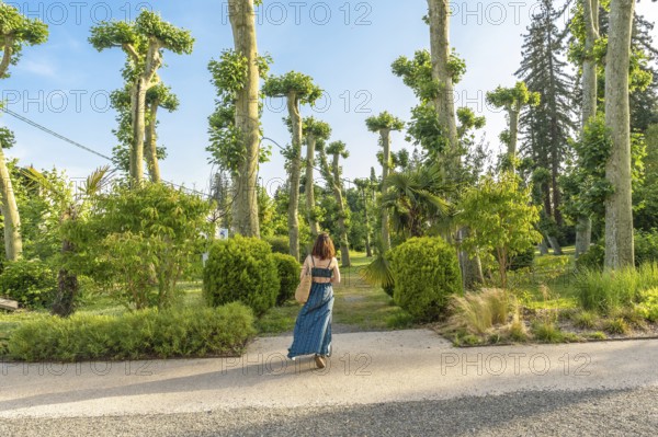 Young woman enjoying a sunny day walking in a park with pruned plane trees and lush vegetation in