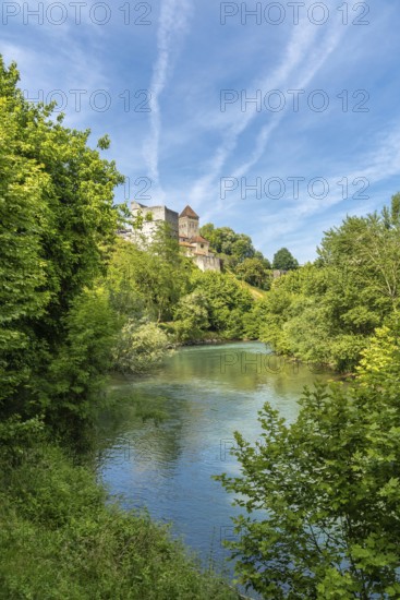 Lush vegetation surrounds the gave d'oloron river with sauveterre de bearn reflecting on the water
