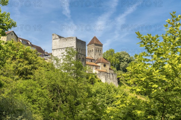 The historic church of sauveterre de bearn rises majestically above a canopy of vibrant green