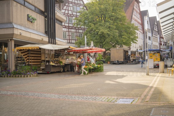 Town square with market stalls and traditional half-timbered houses, lively in daylight, Nagold,