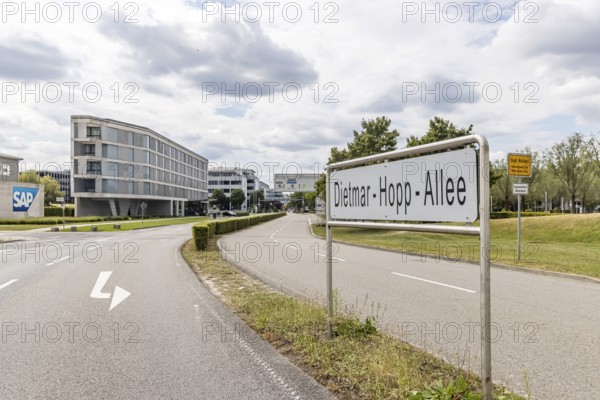 Dietmar-Hopp-Allee. Logo and building of the listed software company SAP SE. Walldorf,