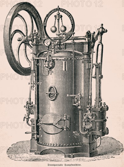 Transportable steam engine, upright tubular boiler, piston rod turns the belt wheel, horizontal use
