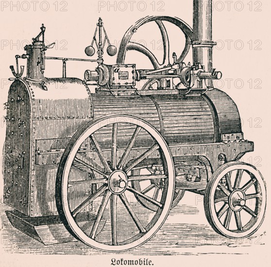 Steam locomotive with horizontal transportable steam engine, vehicle, piston rod turns the belt
