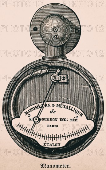 Bourdon manometer for pressure measurement, instrument maker Eugène Bourdon, scale, technology,