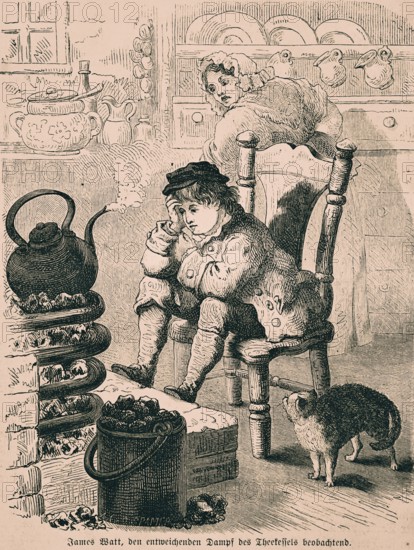 The young James Watt observes the escaping steam from a tea kettle, domestic hearth, boy, kitchen,