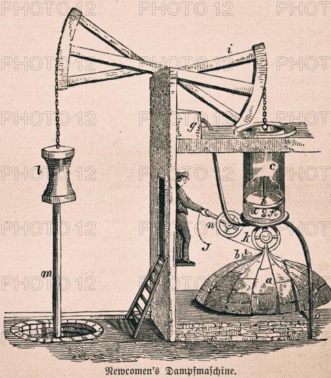 Steam engine by Newcomen, English locksmith and inventor, inventions in industrialisation, steam