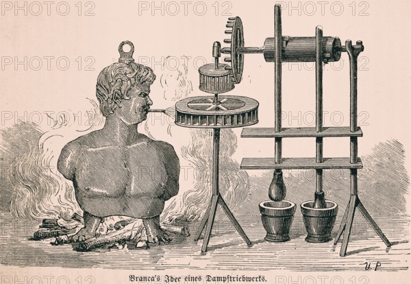 Giovanni Branca's idea of a steam engine, Italian engineer, design of a turbine, fire, generating
