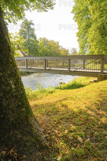 Metal bridge over a river in a sunny park with green trees, Nagold, district of Calw, Black Forest,