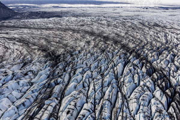 Glacier, crevasses, ice, aerial view, black ice, climate change, summer, Skeidararjökull,