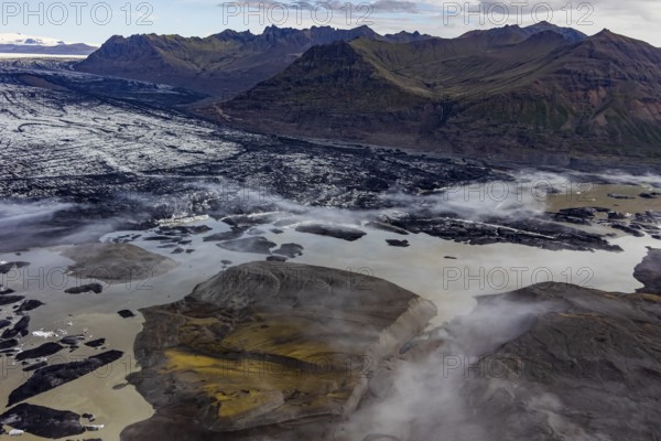 Icebergs, ice floes, glacier tongue, glacier edge, glacier, lake, glacier lagoon, aerial view,