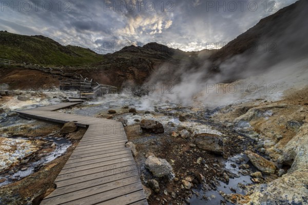 Hot springs, geothermal field, cloudy, evening mood, backlight, summer, Krysuvik, Reykjanes