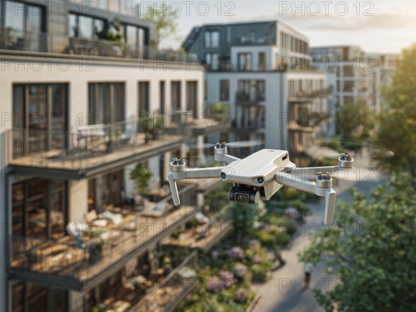 Ein Fernpilot steuert sein Quadrocopter, Drohne in einem dicht besiedeltem Wohngebiet und nähert