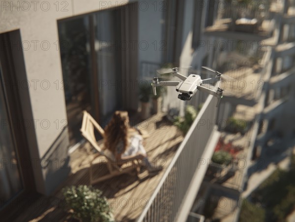 Ein Fernpilot steuert sein Quadrocopter, Drohne in einem dicht besiedeltem Wohngebiet und nähert