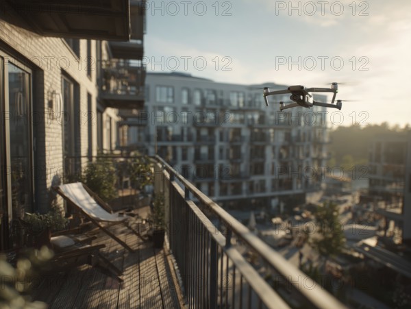 Ein Fernpilot steuert sein Quadrocopter, Drohne in einem dicht besiedeltem Wohngebiet und nähert