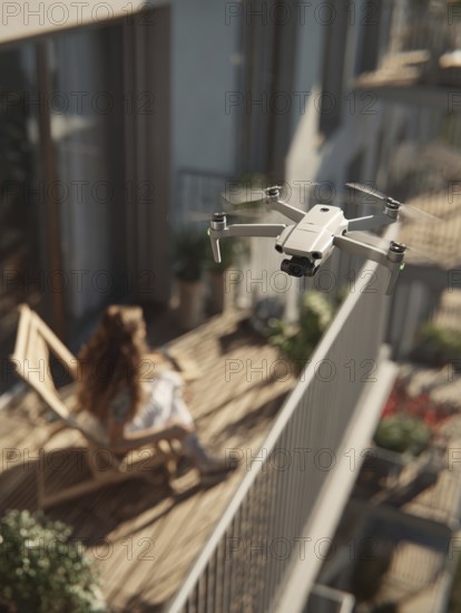 Ein Fernpilot steuert sein Quadrocopter, Drohne in einem dicht besiedeltem Wohngebiet und nähert