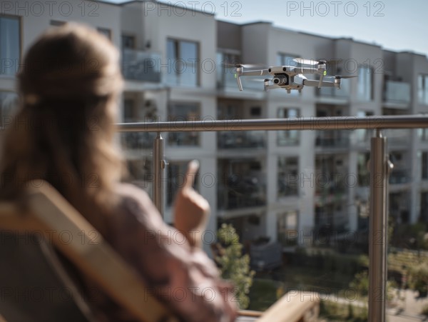 Ein Fernpilot steuert sein Quadrocopter, Drohne in einem dicht besiedeltem Wohngebiet und nähert