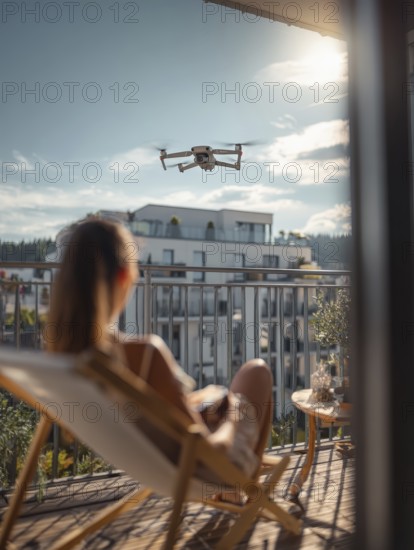 Ein Fernpilot steuert sein Quadrocopter, Drohne in einem dicht besiedeltem Wohngebiet und nähert