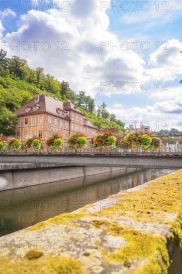 Picturesque riverside with a historic building and lush flowers on the bridge, small town pearl