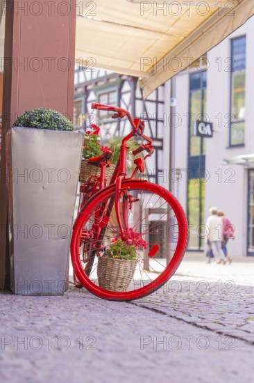 Decorative red bicycle with flower baskets in front of modern buildings in the city centre, small
