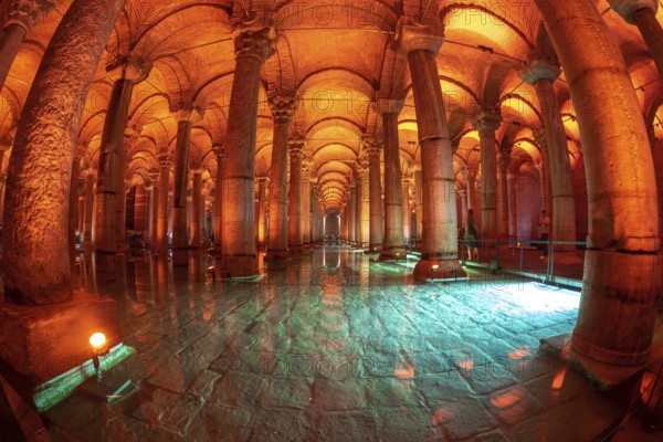 The basilica cistern, an ancient underground water reservoir in istanbul, turkey, is illuminated