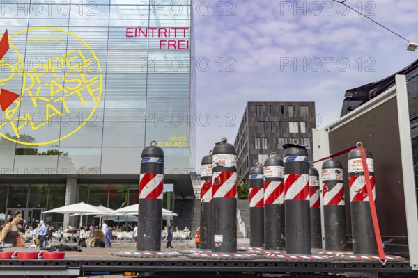 Anti-terror barriers on a lorry. They are set up in Stuttgart city centre to protect visitors to