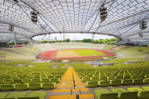 View from above of a stadium with empty stands and a wide playing field, Olympiapark, Munich,