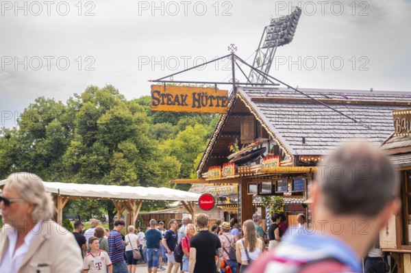 A traditional building with a crowd in front of it, surrounded by nature and advertising,