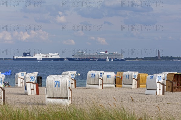 Cruise ship Mein Schiff 7, DFDS ferry, Laboe naval memorial, Kiel Fjord, beach chairs on the beach