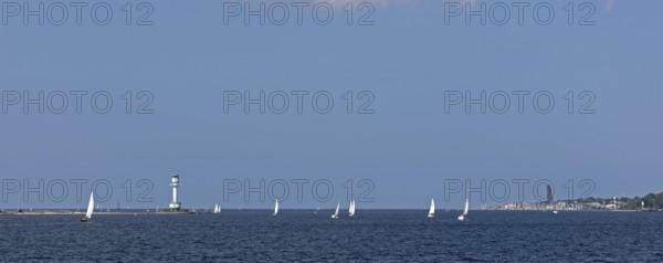 Panoramic picture, lighthouse Friedrichsort, sailing boats, naval memorial, Laboe, Kiel Fjord,