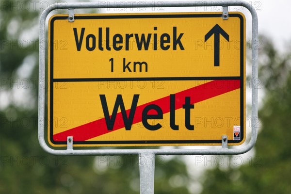 Town sign, traffic sign at the end of the village, end of the village world, inscription, village
