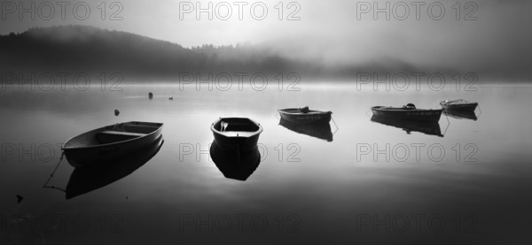 Panorama, black and white, morning mood with fog at the Edersee, rowing boats are moored in the