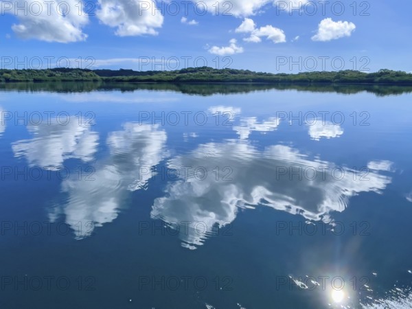 White clouds cumulus reflected in water surface of tropical lagoon of Yap Island in Pacific Ocean,