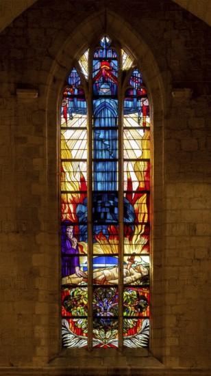 Stained glass window at necropolis with graves of Belgian World War One soldiers buried in the